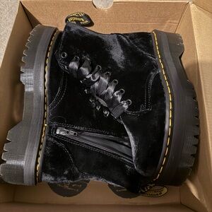 Dr. Martens Black Velvet Combat Moto Boots with Chunky Sole